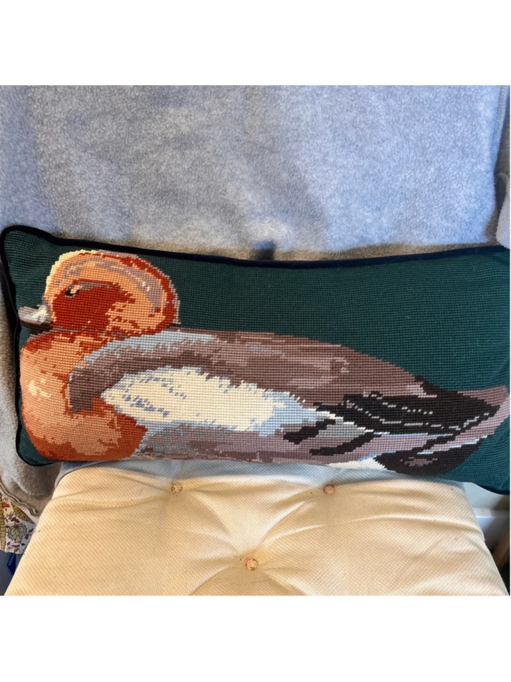 Vintage Wool Accent Lumbar Pillow Green Brown Duck Needlepoint Velvet Cabin